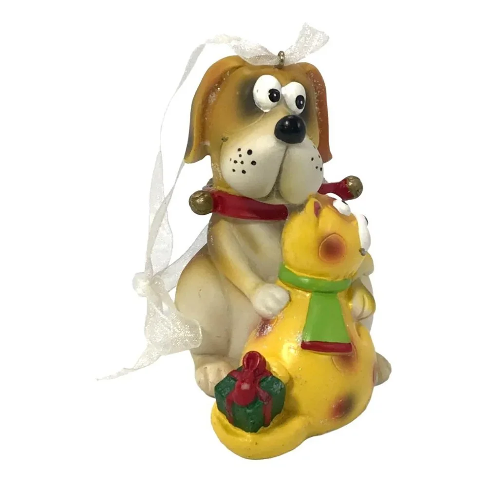 Beagle Dog and Cat Resin Christmas Ornament Hugging Presents Glitter 3 in